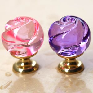 Modern fashion Creative rose pull glass crystal drawer shoe cabinet knobs pulls gold pink purple kitchen cabinet cupboard door handle