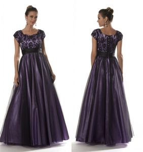 Simples Rendas Tulle Preto Roxo Longo Modest Prom Vestidos Com Mangas Cap Lace-Up Voltar A Linha Andar de Comprimento Prom Vestidos Adolescente Barato Vestido de Festa