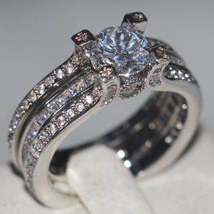 Victoria top vender grande promoção moda jóias 925 esterlina prata rodada corte branco topázio cz diamante casamento casal anel anel conjunto presente