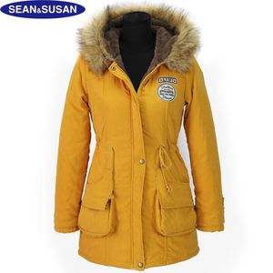 Aplique por atacado- seansusan apliques com capuz de veludo de inverno feminino de algodão de algodão casacos básicos parka grande jaqueta abrigos mujer