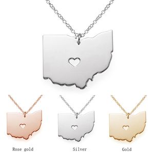 Ohio Map Stainless Steel Pendant Necklace with Love Heart USA State OH Geography Map Necklaces Jewelry for Women and Men