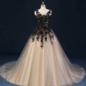 Gothic Champagne and Black Ball Gown Wedding Dresses Sheer Neck Sleeveless Lace Appliques Tulle Corset Bridal Gowns with Court Train