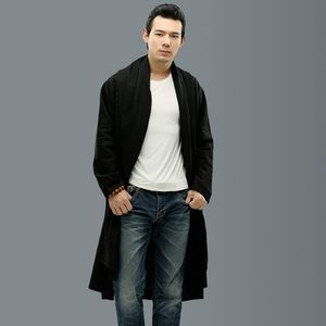 Atacado- Men Men Linen Trench Coat Long Shawl Cardigan Cardigan de alta qualidade Homens de rua punk casuais casuais casuais casuais a68