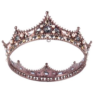 Baroque Vintage Black Rhinestone Beads Round Big Crown Wedding Hair Accessories Luxury Crystal Queen King Crowns Bridal Tiaras
