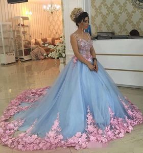 Baby Blue 3D Floral Masquerade Suknie Balowe 2019 Luksusowe Katedra Pociąg Kwiaty Quinceanera Suknie Prom Suknie Sweety 16 Dress Ball Suknia