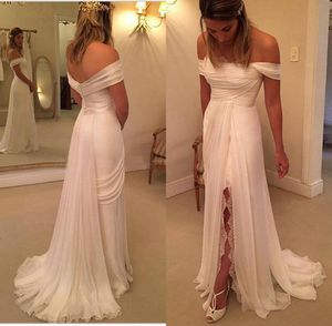 2016 Hot Sell Beach Bröllopsklänningar Sexig Av Axel Fit och Flare Elfenben A-Line Backless High Slit Chiffon Country Bridal Gowns Court Train