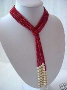 송료 무료 *** Charming Red Coral White 진주 스카프 목걸이