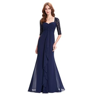 Setwell Navy Blue Chiffon Madre Delle Sposa Abiti da sposa 1/2 Abito da sposo manicotto Abito da sposa Mermaid Abiti da sera Mermaid