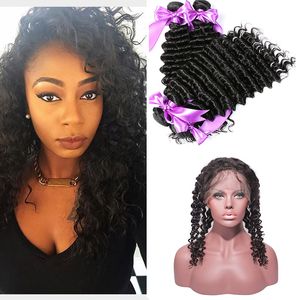 360 Lace Frontal With Bundles Brazilian Deep Wave Virgin Hair With Closure 360 Frontal With Bundles Cheap Pre Plucked Lace Frontal