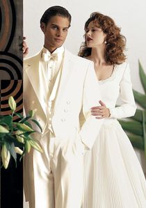 Morning Style Ivory Tailcoat Groom Tuxedos Notch Lapel Dubbelbröst Män Bröllopskläder Män Formell Prom Party Suit (Jacka + Byxor + Tie + Vest) 994