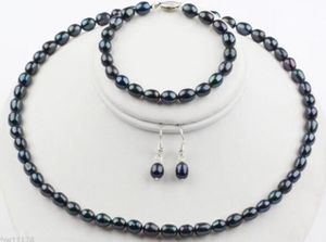 Set di gioielli con orecchini e bracciale con collana di perle d'acqua dolce di riso nero naturale da 7-8 mm