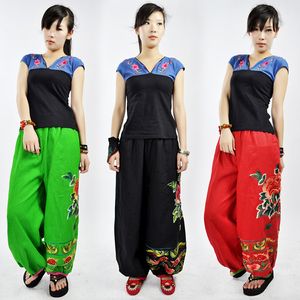 Chinês tradicional calças de palco tamanho grande mulheres calça casual folk estilo flores bordadas de algodão de linho calças perna larga