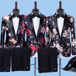 Men's Rose Printing Wedding Suits England style Smart Casual Jacquard Suits Wedding Party Outfit Bar Singer Host Stage Costumes Host show