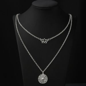 Hesiod Antik-Retro-Boho-Silberkette, zweilagig, runder Lotus-Anhänger, Halskette für Damen, modisches Accessoire