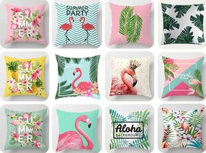 Modischer bedruckter Flamingo-Kissenbezug, tropische grüne Pflanze, Blätter, Blume, weiche Baumwolle, Plüsch, Dekokissenbezug, Heimdekoration, Geschenk