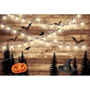 Felice festa di Halloween sfondo parete in legno stampato pipistrelli lampadine cappello nero zucca lanterna bambini dolcetto o scherzetto sfondo fotografico