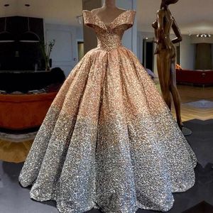 2019 Splendidi abiti da sera con spalle scoperte Paillettes Ruffles Gradient Floor Lunghezza Ball Gown Prom Dresses Plus Size Abiti formali