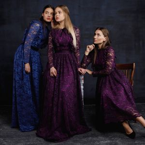 Kraliyet Mavi Dantel Ülke Nedime Elbiseler Jewel Boyun Uzun Kollu Düğün Konuk Elbise Kat Uzunluk Junior Hizmetçi Onur Törenlerinde
