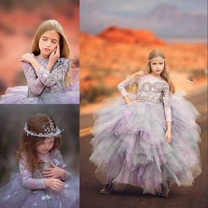 Puffy Tiered Tull Pageant Dresses Petals Beads Lace Applique Long Sleeve Girls Birthday Dress 2018 Ball Gown Pretty Flower Girls Dresses