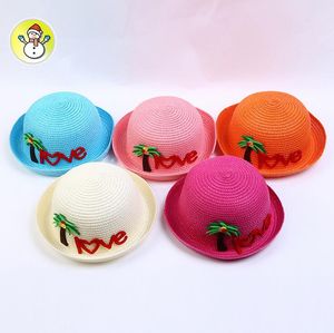 Creative children straw hat with cartoon coconut tree LOVE letter baby hats kids breathable beach hat 5 color wholesale free ship