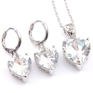 Luckyshine 5 uppsättningar 925 Silver Partihandel Mode Heart White Topaz Crystal Cubic Zirconia Pendants Halsband Örhängen Smycken Sets