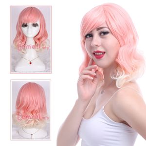 Lolita Wig Pink Blonde Ombre Medium Long Wavy Cosplay Wig For Women Party Hair