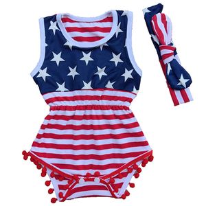 Baby American flag print Rompers infant Sleeveless stripe Jumpsuits 2018 summer Boutique kids Climbing clothes with headband 2pcs/set C4069