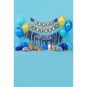 Fotografie-Hintergründe für den 1. Elmo-Geburtstag eines Jungen, bedruckt mit blauen und goldenen Luftballons, Papierblumen, Desserts, Kinder-Fotohintergrund