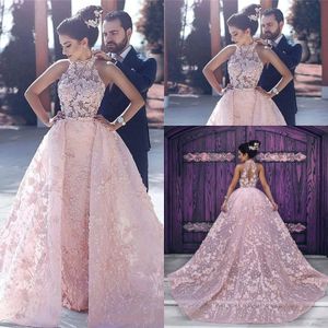 2020 Evening Dresses Wear Arabic Dubai Pink 3D Floral Flowers Ball Gown Over skirts Lace Appliques Plus Size Formal Party Dress Prom Gowns