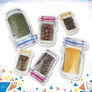 300pcs / lote Reutilizável Mason Jar Forma Forma Zipper Sacos de Armazenamento Sacos de Armazenamento de Cozinha Candy Saver Sacos à prova de vazamento