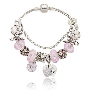 Pink sakura love heart Pendant Charms Bracelet for Pandora 925 Silver 3mm Snake Chain Charm Bracelets for Women with Original logo