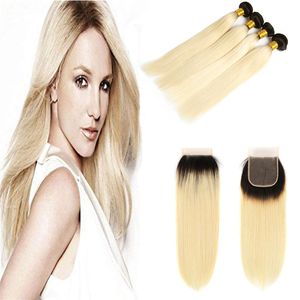 Kolor 1B / 613 # Blond Ludzki Włosy Wyplata 3 Wiązki z bezpłatną częściową Koronką Zamknięcie Platinum Ombre Brazylijskie Blondynki Proste Remy Hair Extensions