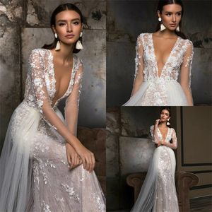 Sirena New Berta Overskirts Abiti da sposa Maniche lunghe Profondo scollo a V Completo d Pizzo floreale Appliqued Tromba Abiti da sposa Applique Brial