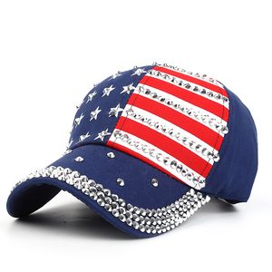 Moda Ameryka Kapelusz Bling Rhinestone Stripe Stars American Flaga Czapka z daszkiem Snap Back Hats dla kobiet granatowy