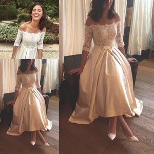 Vintage Gold Kostka Długość Kraj Ogród Tanie Suknie Ślubne Off Ramię Taffeta Pleat Vestido De Novia Bow Sash Bridal Sleeve