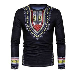 Het New Fashion Men's T Shirts Casual African Print O-Neck Pullover Långärmad t-shirt Toppblus för män Manlig drop frakt