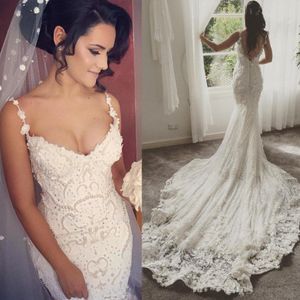 Dresses Spaghetti Mermaid Straps Pearls Beaded Full Lace Appliqued Bridal Gowns Arabic Wedding Dress For Women Custom