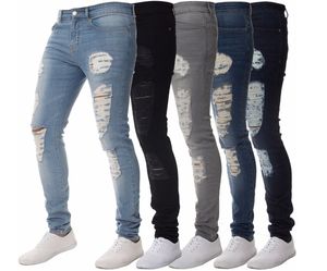 Mens Solid Color Distressed Biker Cool Jeans Fashion Slim Ripped Washed Pencil Pants Men Jean Male High Street