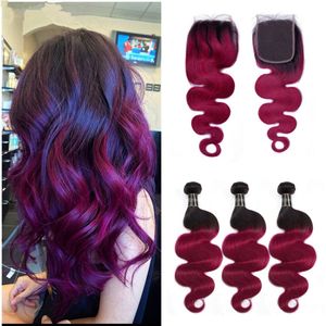 1b Fuschia пучки человеческих волос с закрытием объемная волна Ombre бразильские волосы с закрытием фиолетовый красный человеческих волос ткет с 4x4 кружева закрытия