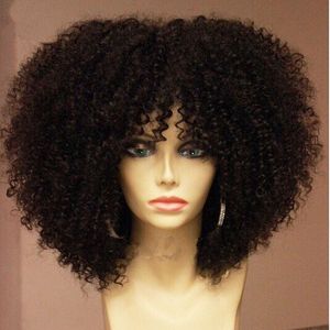 Hotselling afro perwersyjna kręcone peruka odporne na ciepło włosy syntetyczne koronki przednie peruki z grzywką dla czarnych kobiet