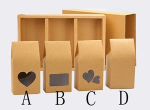 Stå upp Kraft Paper Boxes 16 * 8cm Cookies Nötter Presentförpackningspåsar med hjärtformad Fönsterficka