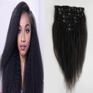 Natural Black Grant Yaki Kinky Prosto Clip in Hair Extensions 100% Brazylijski Ludzki Remy Włosy 7 sztuk i 100 G / Set Natural Color