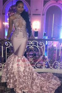 2018 Afryki Nigerii Czarne Dziewczyny Halter Mermaid Long Prom Dresses 3D Floral Spódnica Koronka Aplikacja Zroszony Formalne Party Suknie Wieczorowe Niestandardowe