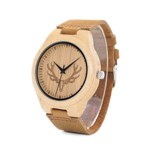 Fashion Antique Genuine Cowhide Leather Band Wooden Watch Lovers Luxury Buck Watches Zebra Wood Bamboo Wristwatch with deer head Gift Box