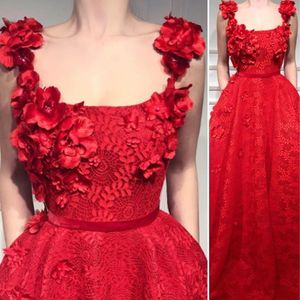 Sexig röd spets prom klänning med handgjorda blommor Enkel fyrkantig nacke ärmlös A-Line Party Dresses Charmig 2018 Prom Dress Evening Dress