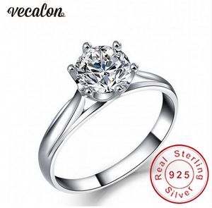 Vecalon anel de casamento luxo para mulheres 1ct diamante 925 esterlina prata feminina fêmea banda de dedo anel fino jóias
