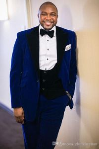 New Popular Blue Velvet Groom Tuxedos Groomsmen Blazer Excellent Men Business Formal Prom Party Suits (Jacket+Pants+Tie+Vest) 1140