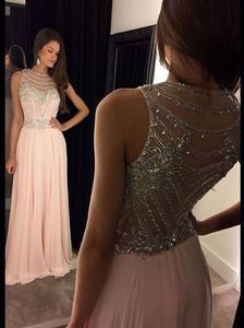 Chiffon Pink Prom Dresses Long Party Dress A Line Jewel Sweep Train Sequins Beaded Sheer Neck Evening Gowns Scoop Party Dresses HY00694