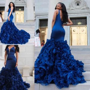 Modest Ruffle Mermaid Evening Dresses Royal Blue Ters Plus Size V-Neck Vestidos de Festa Party Dress Prom Formal Pageant Celebrity Gowns