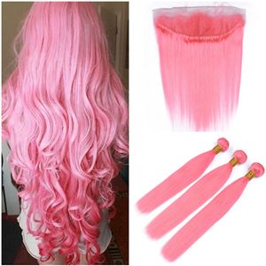 Pink Hair Bundles with Frontal Brazilian Straight Light Pink Weave Human Hair 3Bundles with Lace Frontal Closure Pink Color Hair Extensions
